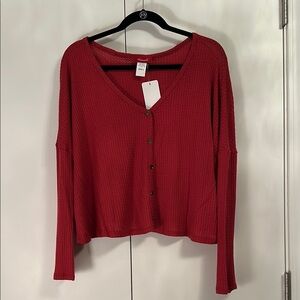 Red Henley Long Sleeve Top NWT
